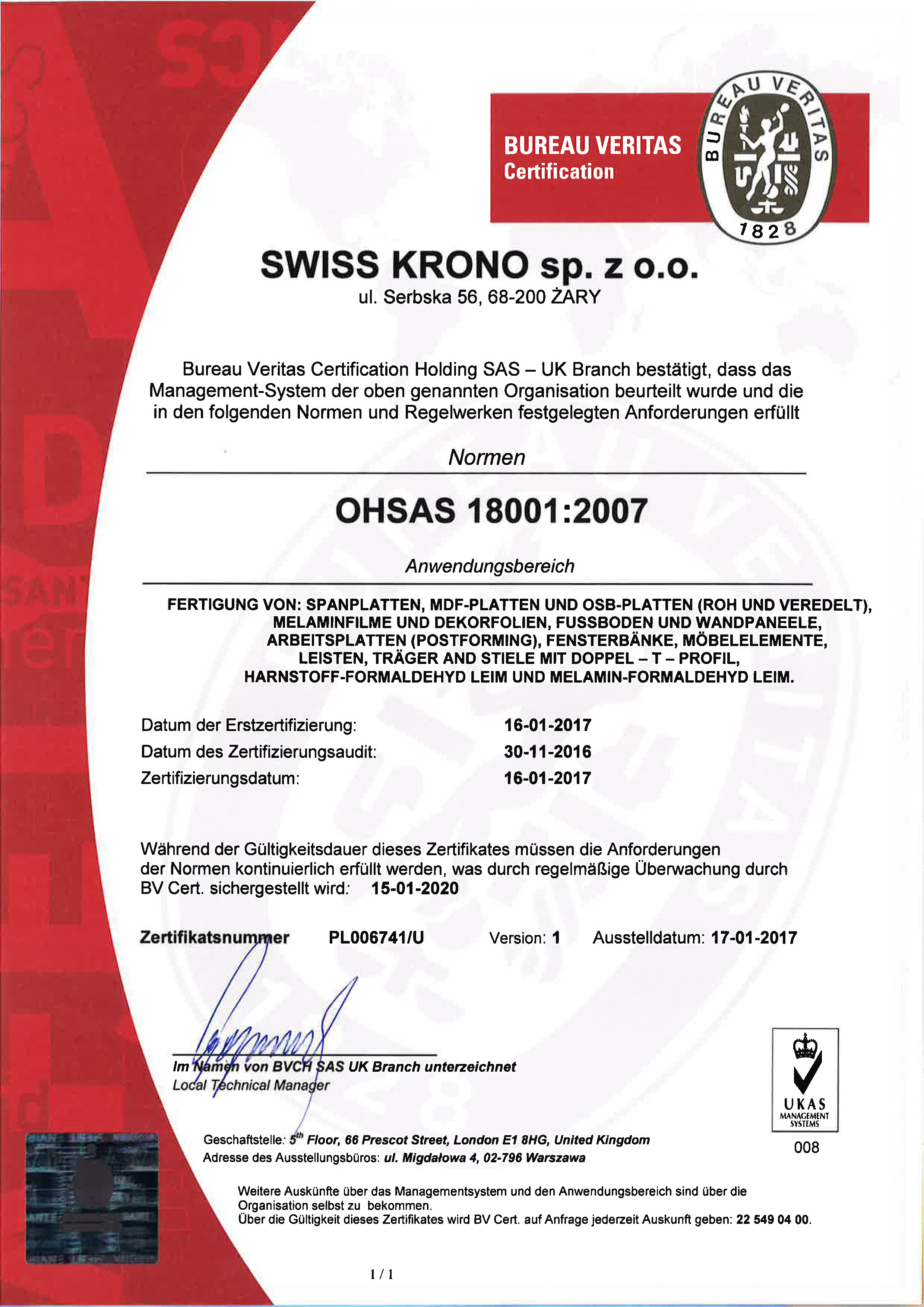 Chứng nhận OHSAS DE - Sàn gỗ Kronopol